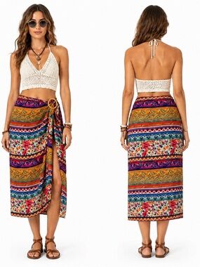 Vintage 90s Express 100% Silk Wrap Skirt Floral Boho patchwork sz 7 S/M